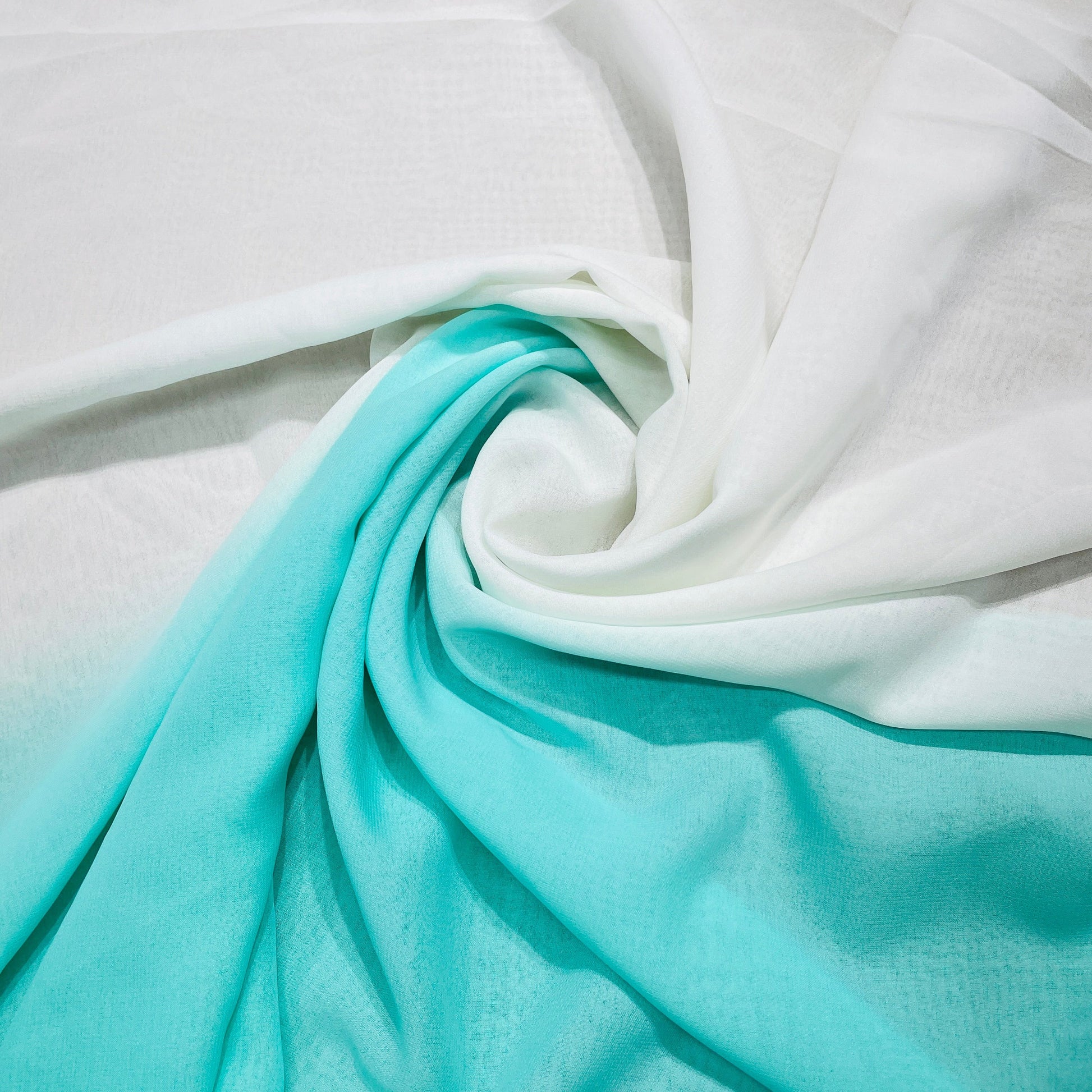 White with Sea Green Solid Georgette Fabic - TradeUNO