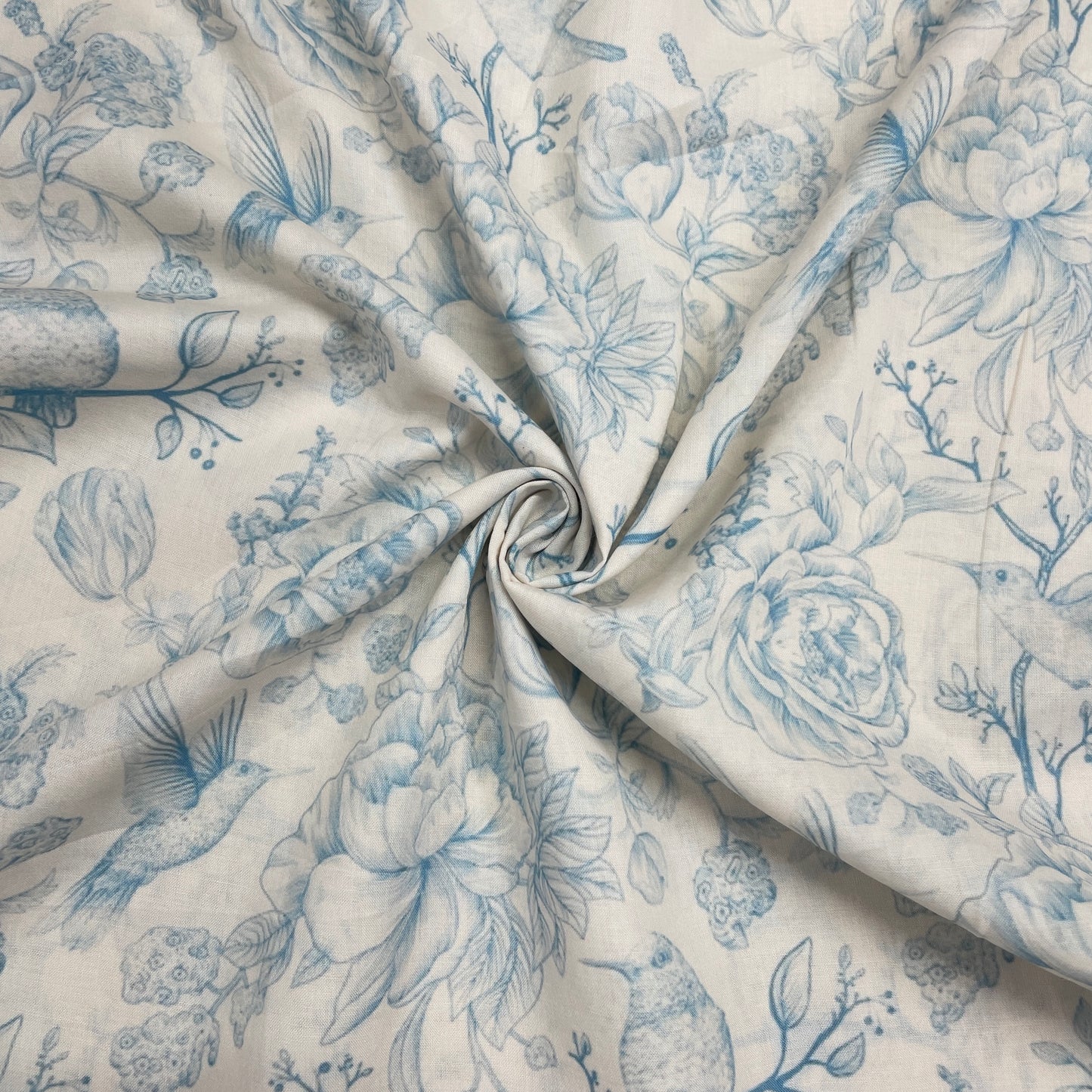 White With Blue Floral Print Muslin Fabric ,Plain Weave