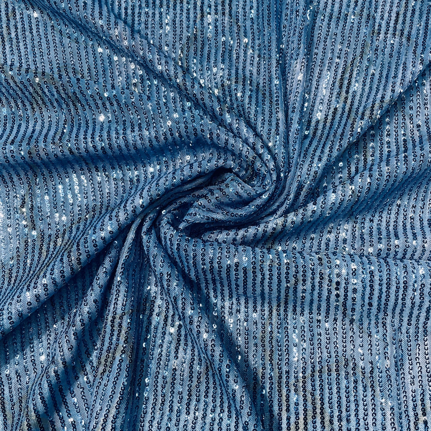 Blue Floral Dual Shade Sequence Embroidery Net Lycra Fabric - TradeUNO