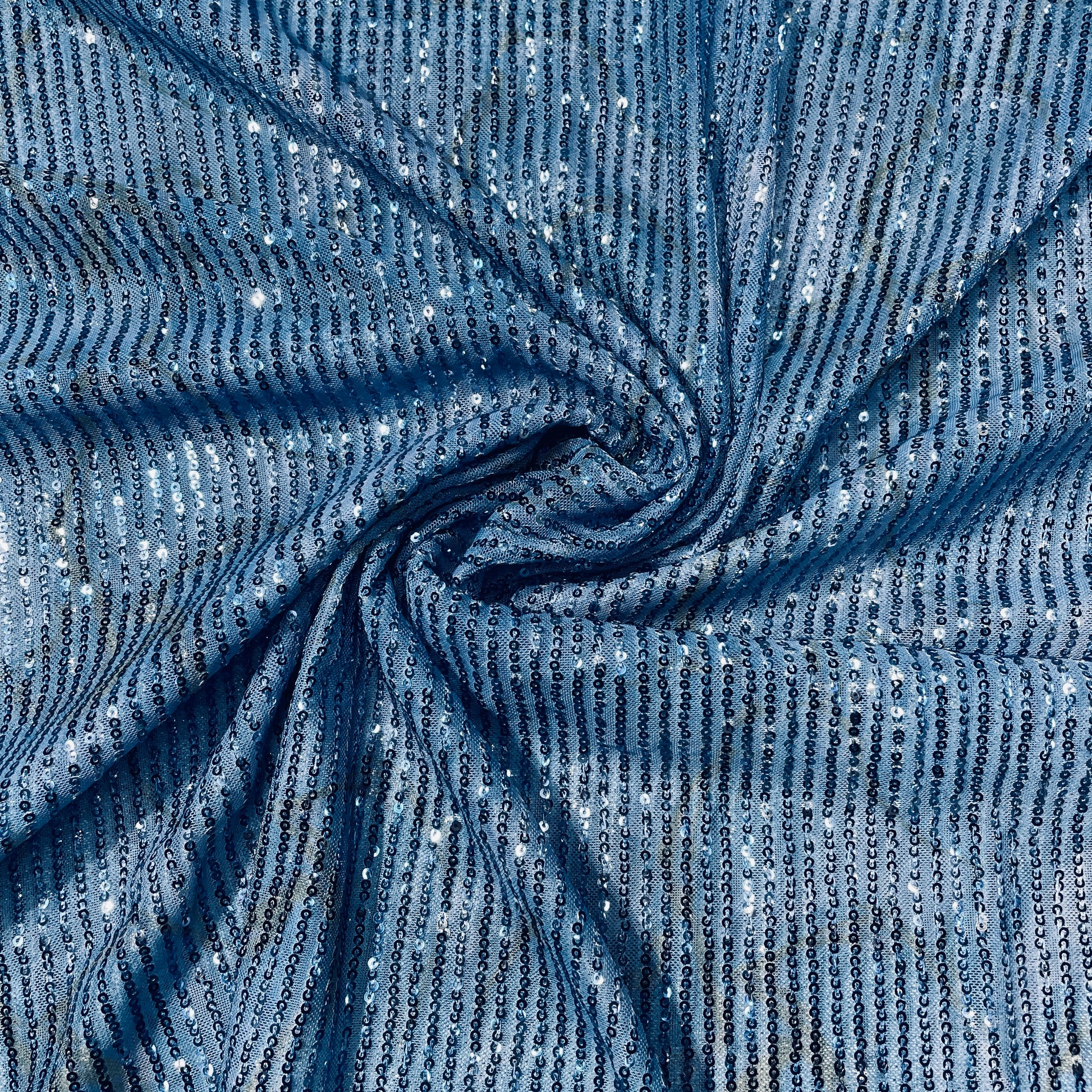 Blue Floral Dual Shade Sequence Embroidery Net Lycra Fabric - TradeUNO