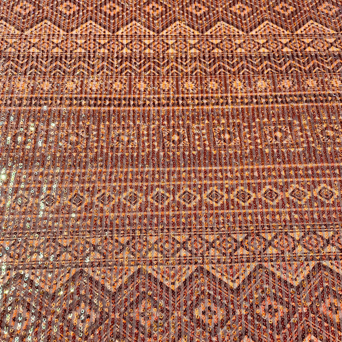 Orange Geometrical Sequins Embroidery Net Lycra Fabric
