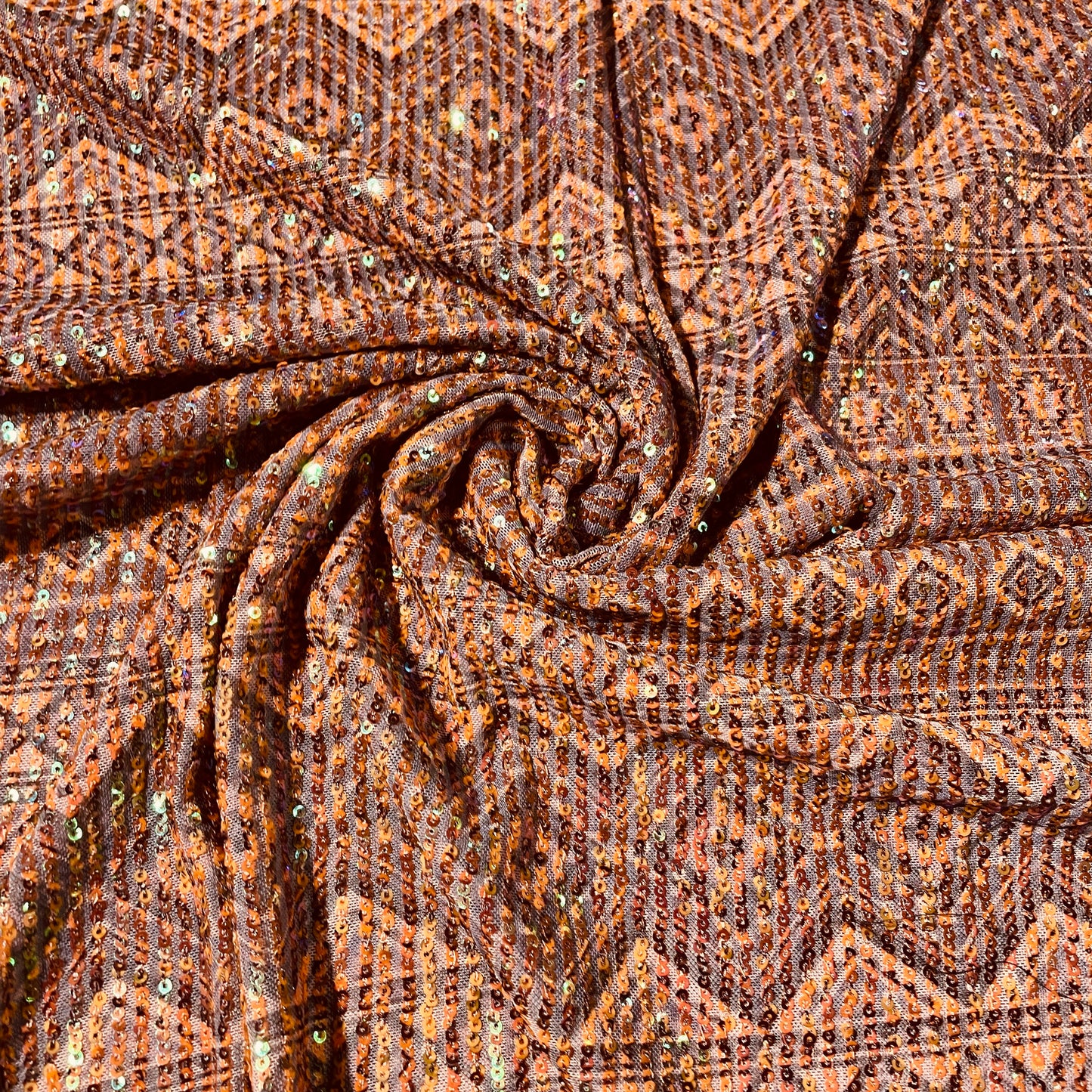 Orange Geometrical Sequence Embroidery Net Lycra Fabric - TradeUNO