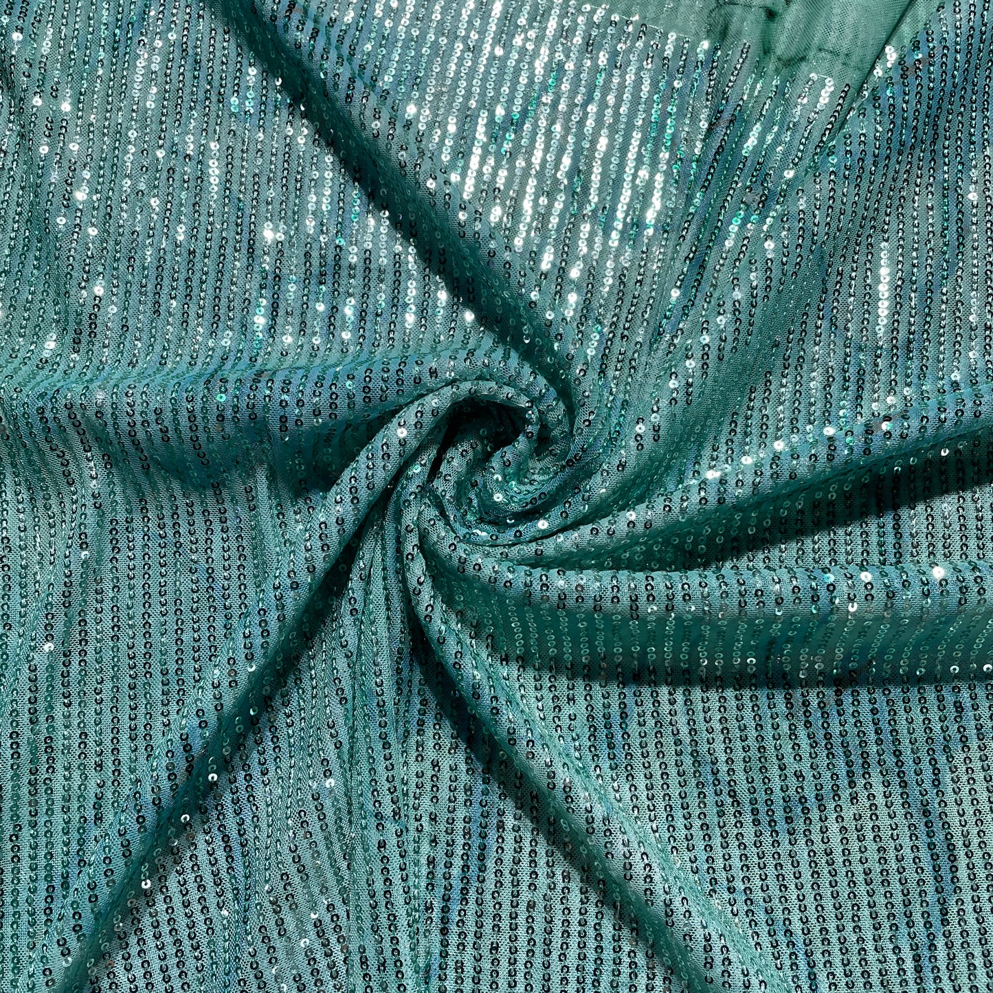 Sea Green Sequence Embroidery Net Lycra Fabric - TradeUNO