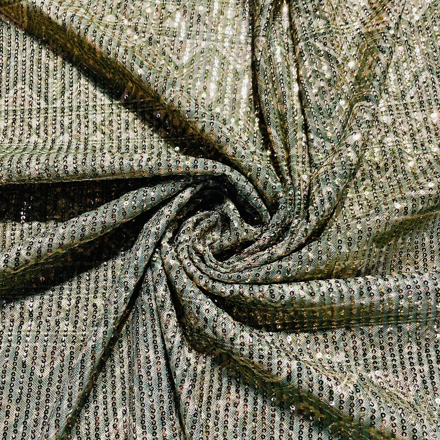 Olive Green Geometrical Sequence Embroidery Net Lycra Fabric - TradeUNO