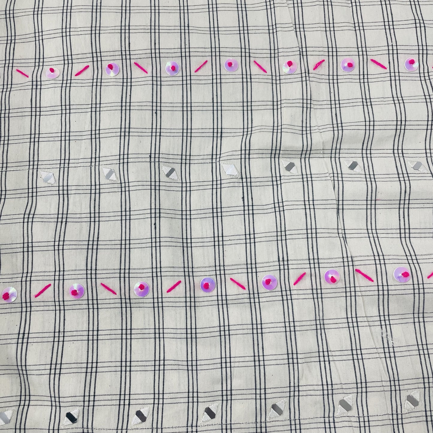Premium White & Black Check With Mirror Sequence Embroidery Cotton Fabric