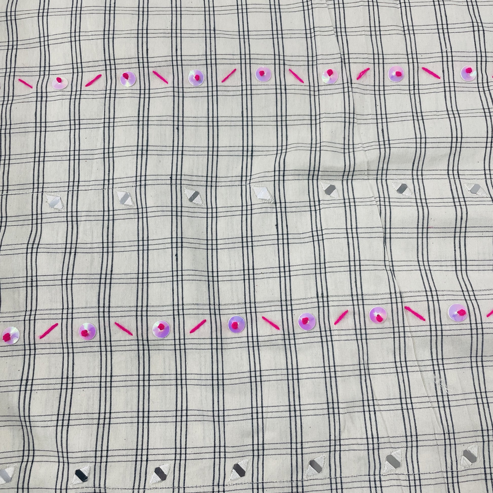 Premium White & Black Check With Mirror Sequence Embroidery Cotton Fabric