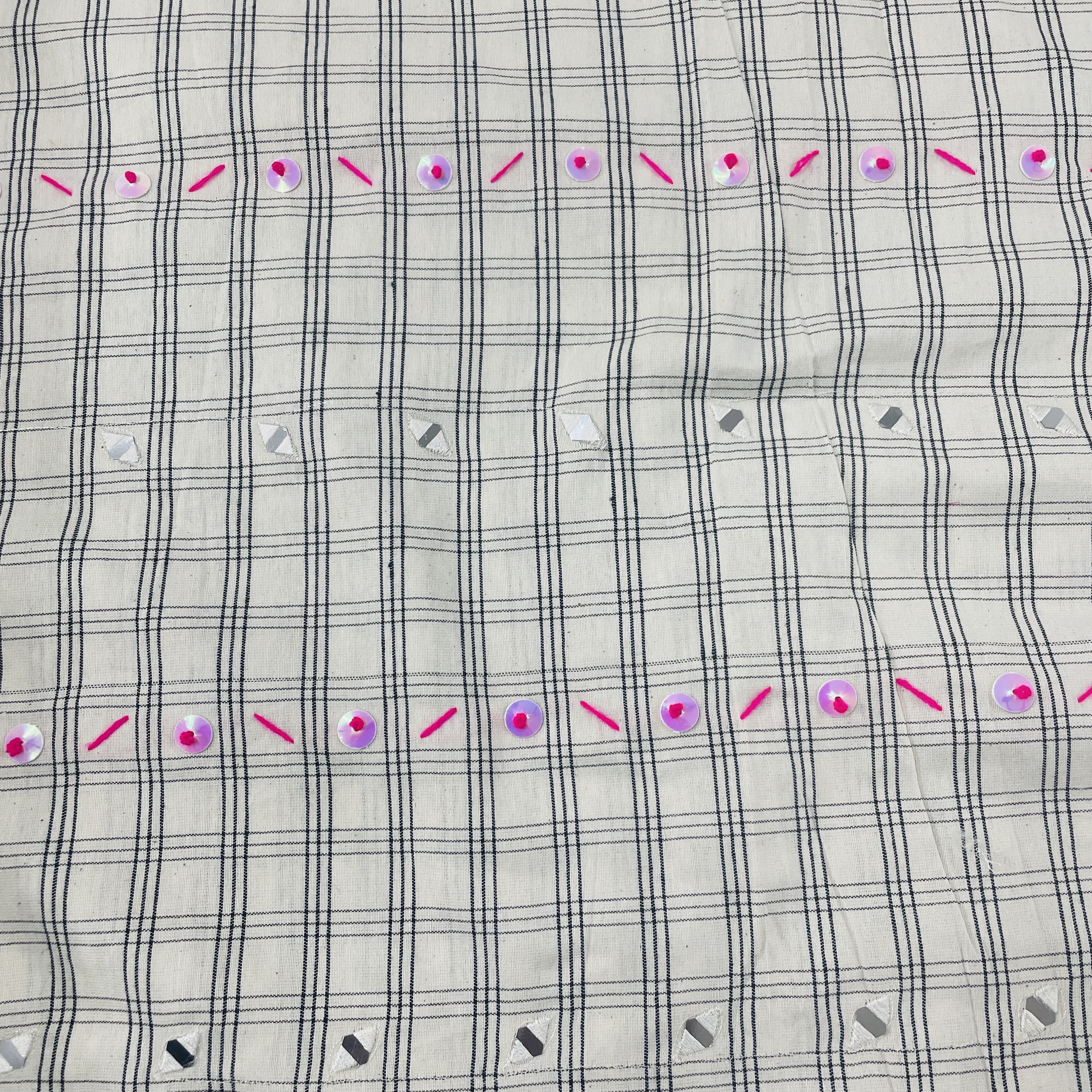 Premium White & Black Check With Mirror Sequence Embroidery Cotton Fabric
