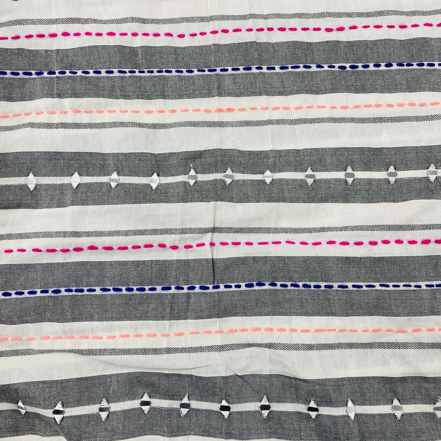 Premium Mutlicolor Stripe With Mirror Work Embroidery Cotton Fabric