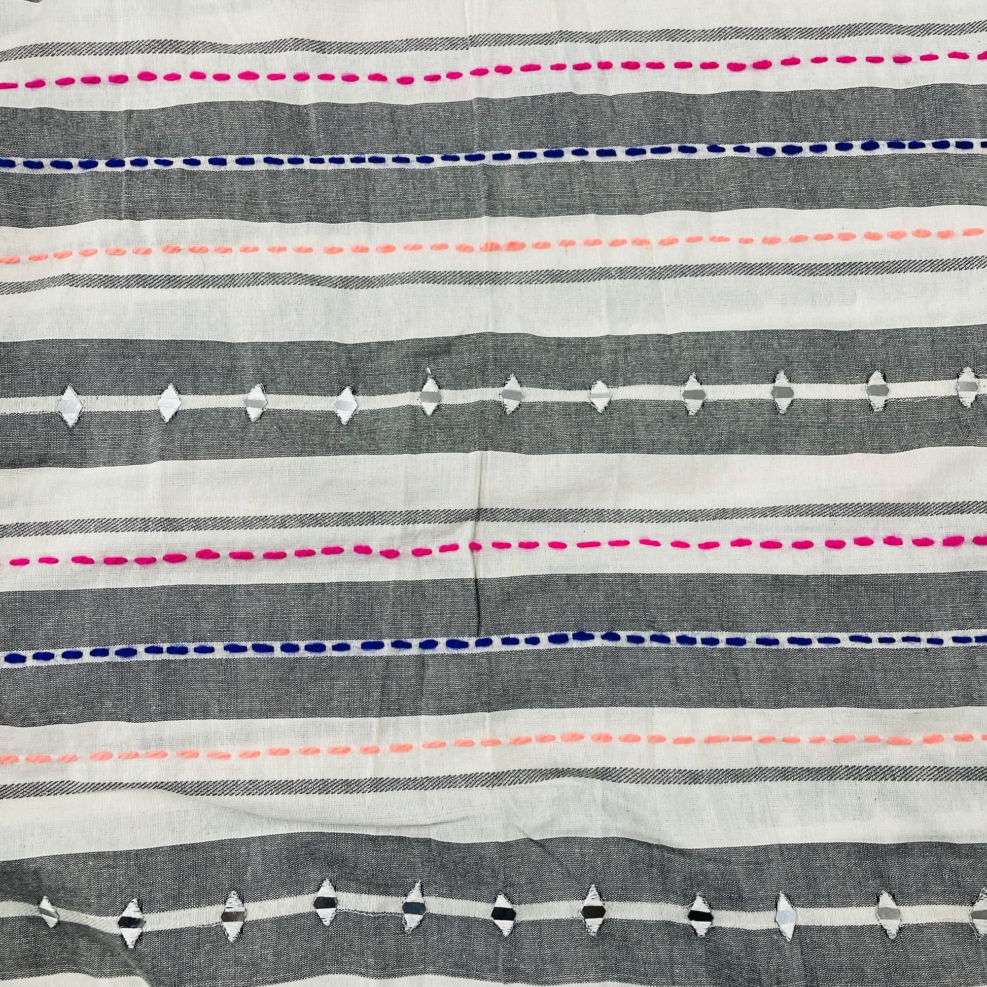 Premium Mutlicolor Stripe With Mirror Work Embroidery Cotton Fabric