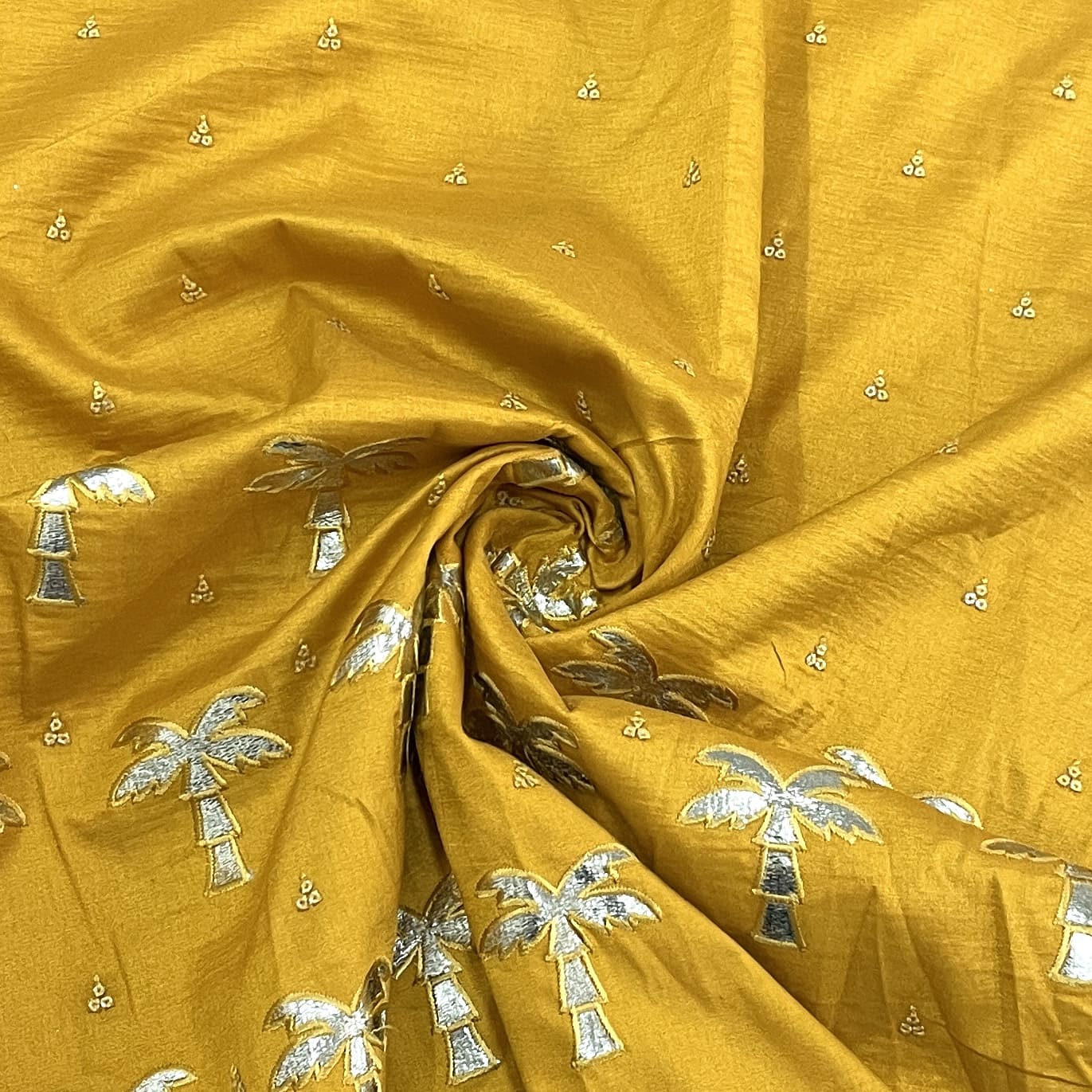 Classic Mustard Yellow Golden Foil Thread Embroidery Russian Silk Fabric