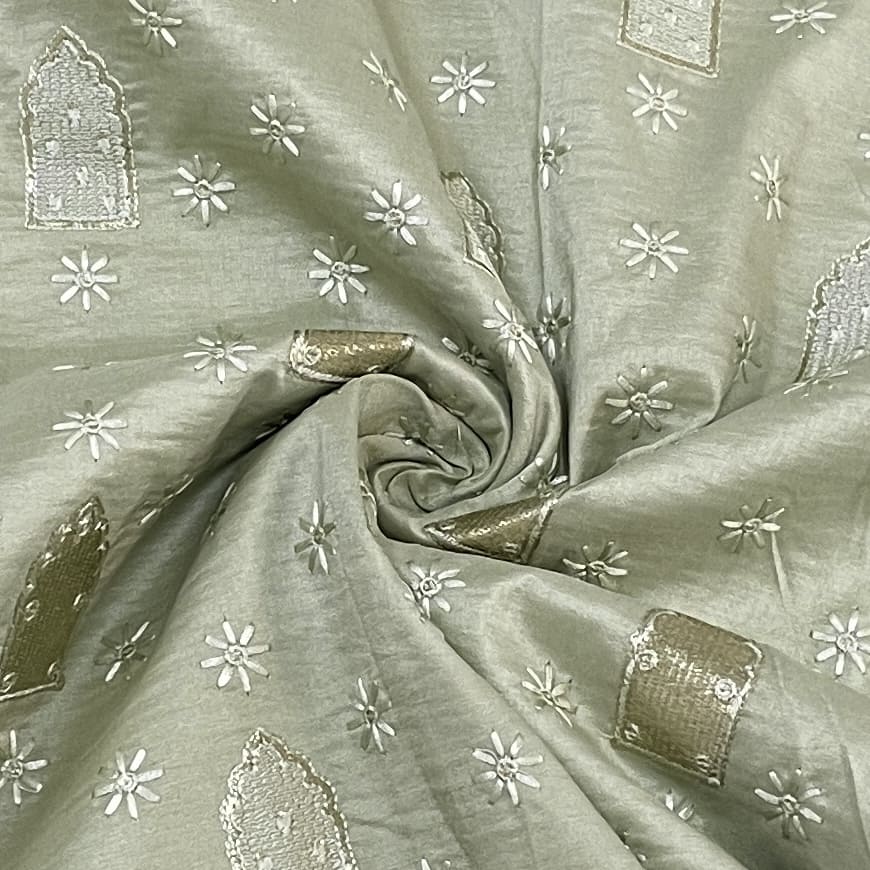 Classic Sage Green Foil Thread Embroidery Russian Silk Fabric