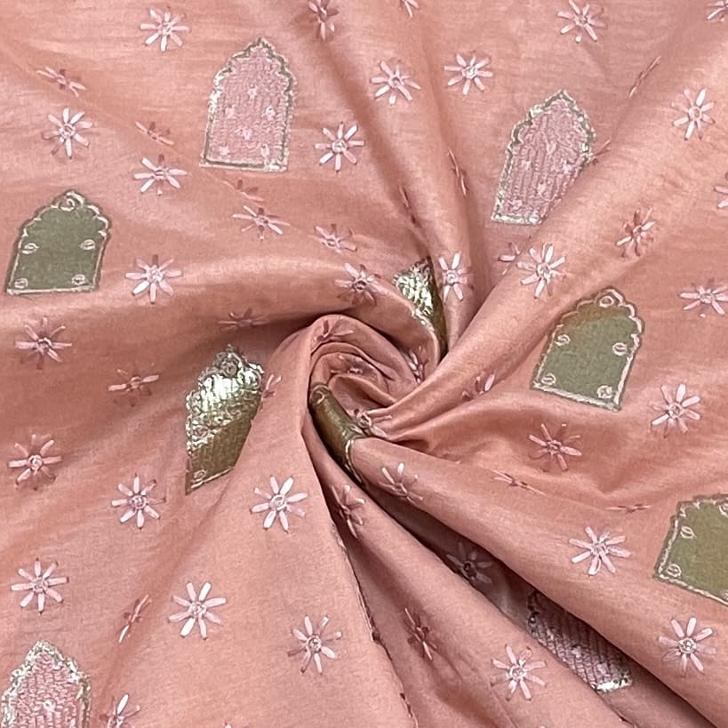 Classic Peach Pink Foil Thread Embroidery Russian Silk Fabric