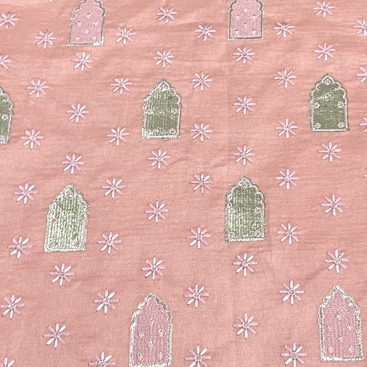 Classic Peach Pink Foil Thread Embroidery Russian Silk Fabric