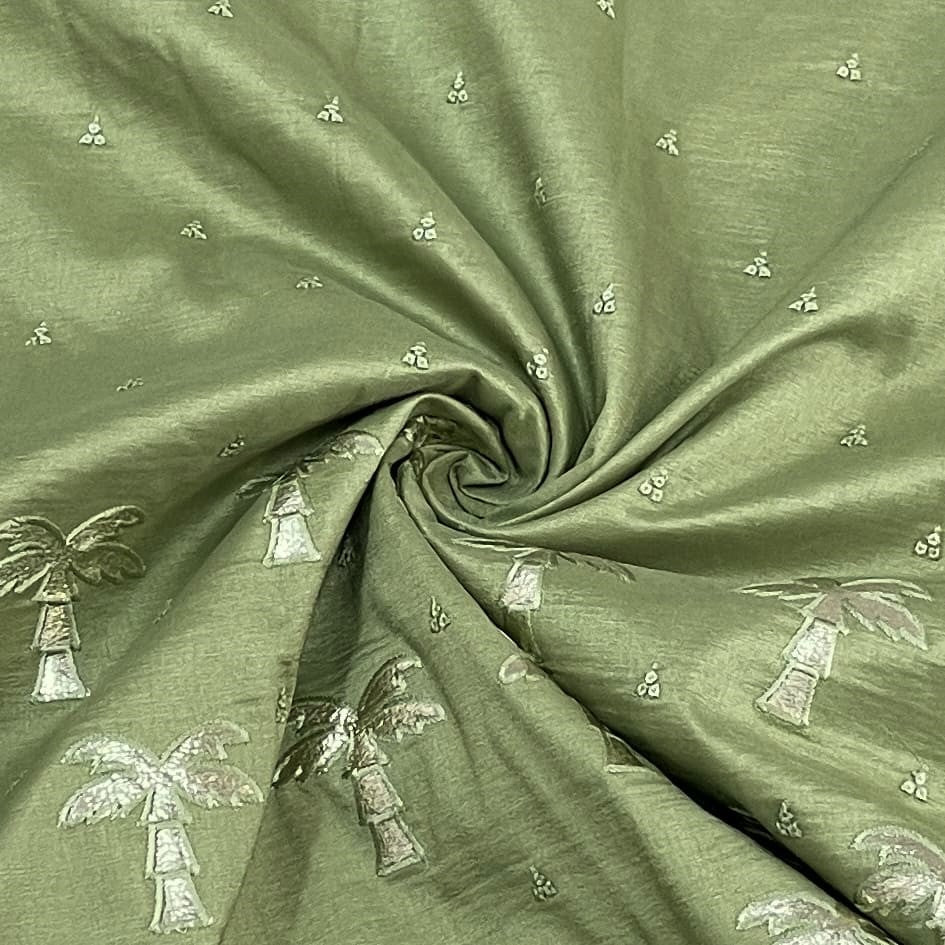 Classic Olive Green Golden Foil Thread Embroidery Russian Silk Fabric