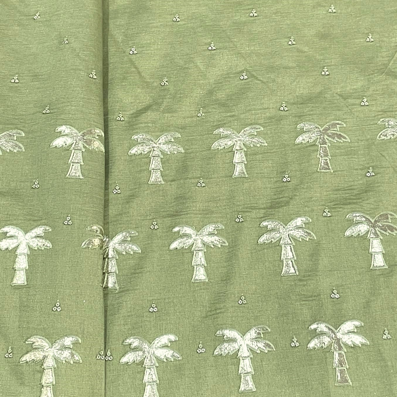 Classic Olive Green Golden Foil Thread Embroidery Russian Silk Fabric