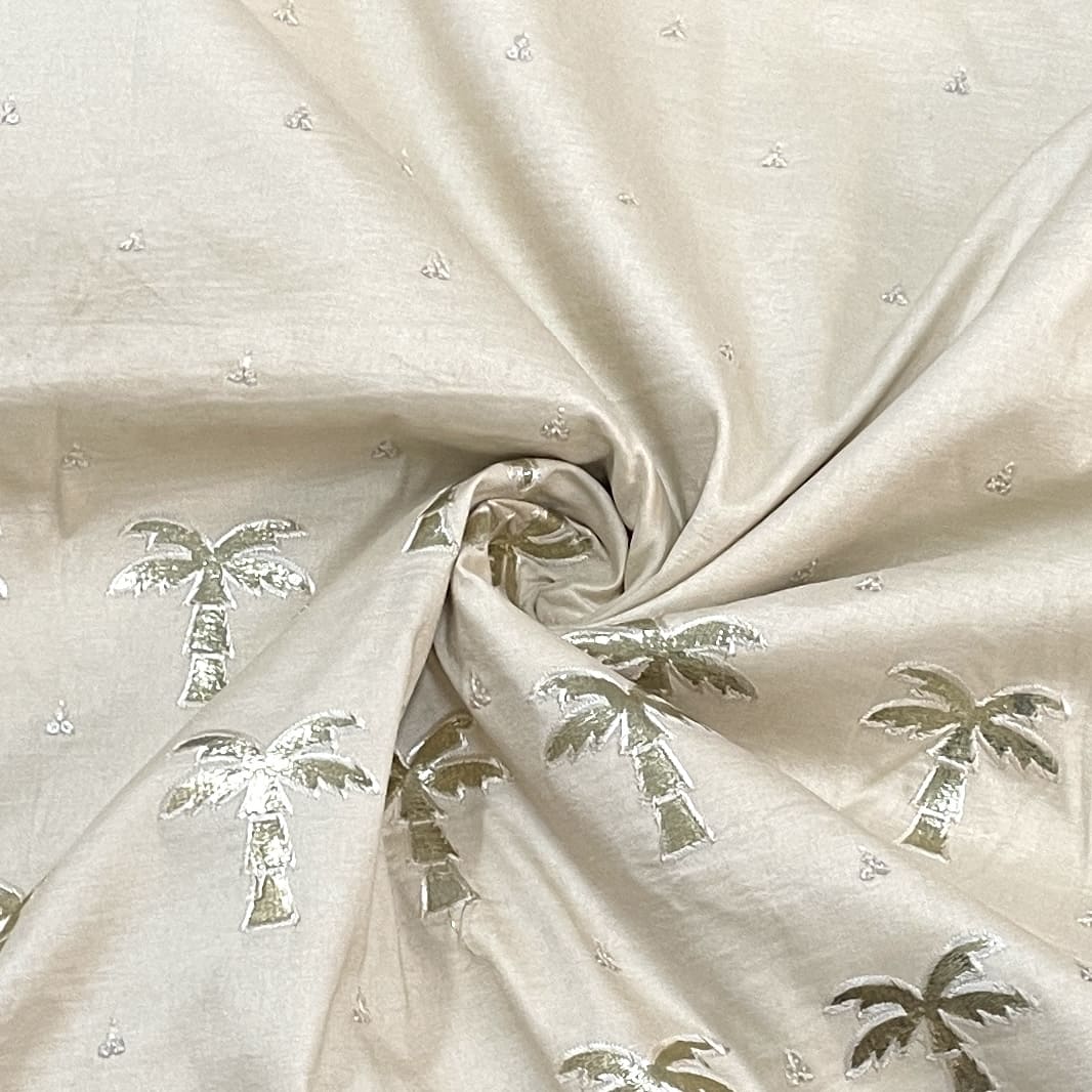 Classic Cream Golden Foil Thread Embroidery Russian Silk Fabric