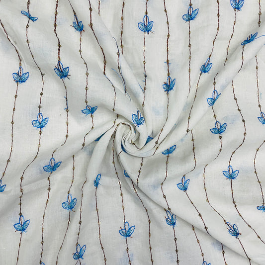White With Sky Blue Linning Thread Embroidery Cotton Mulmul Fabric