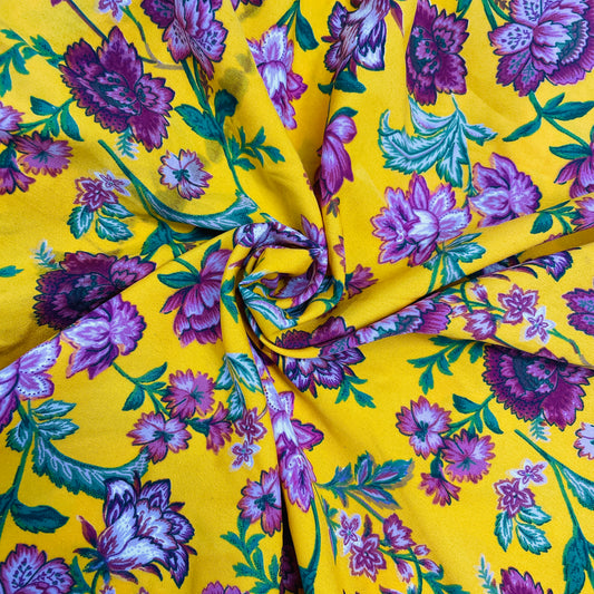 Mustard & Pink Floral Print Crepe Fabric