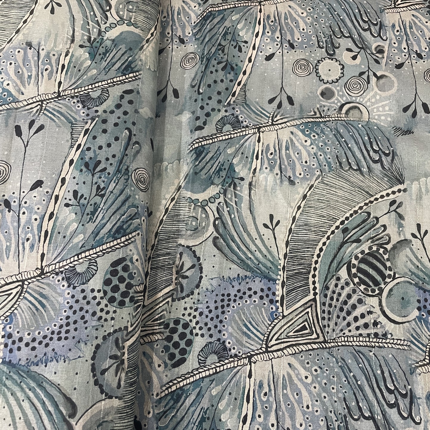 Classic Blue Traditinal Print Tussar Silk Fabric