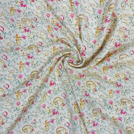 Moss Green & Pink Floral Print Poly Rayon Fabric