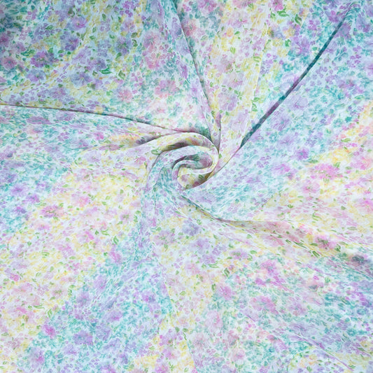 White & Multicolor Floral Print Chiffon Fabric