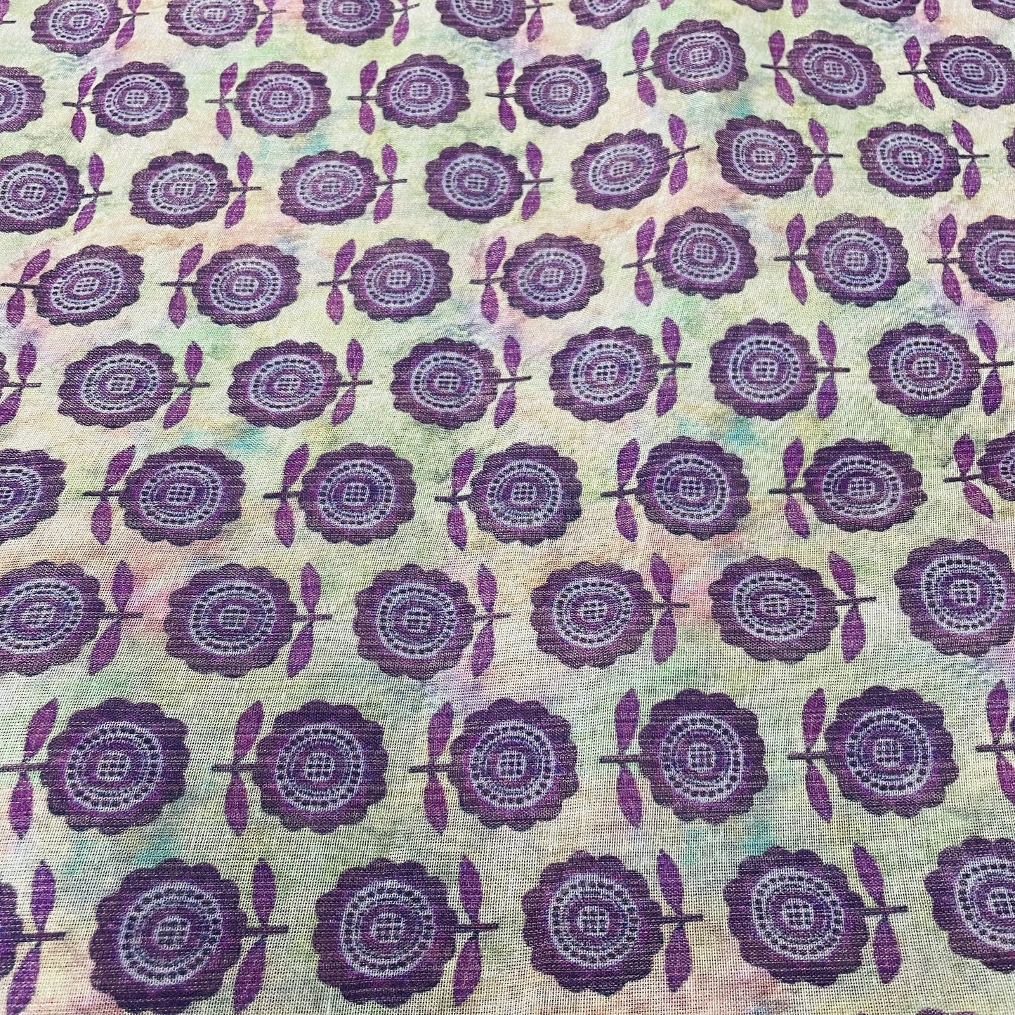 Classic Purple Floral Print Satin Organza Fabric