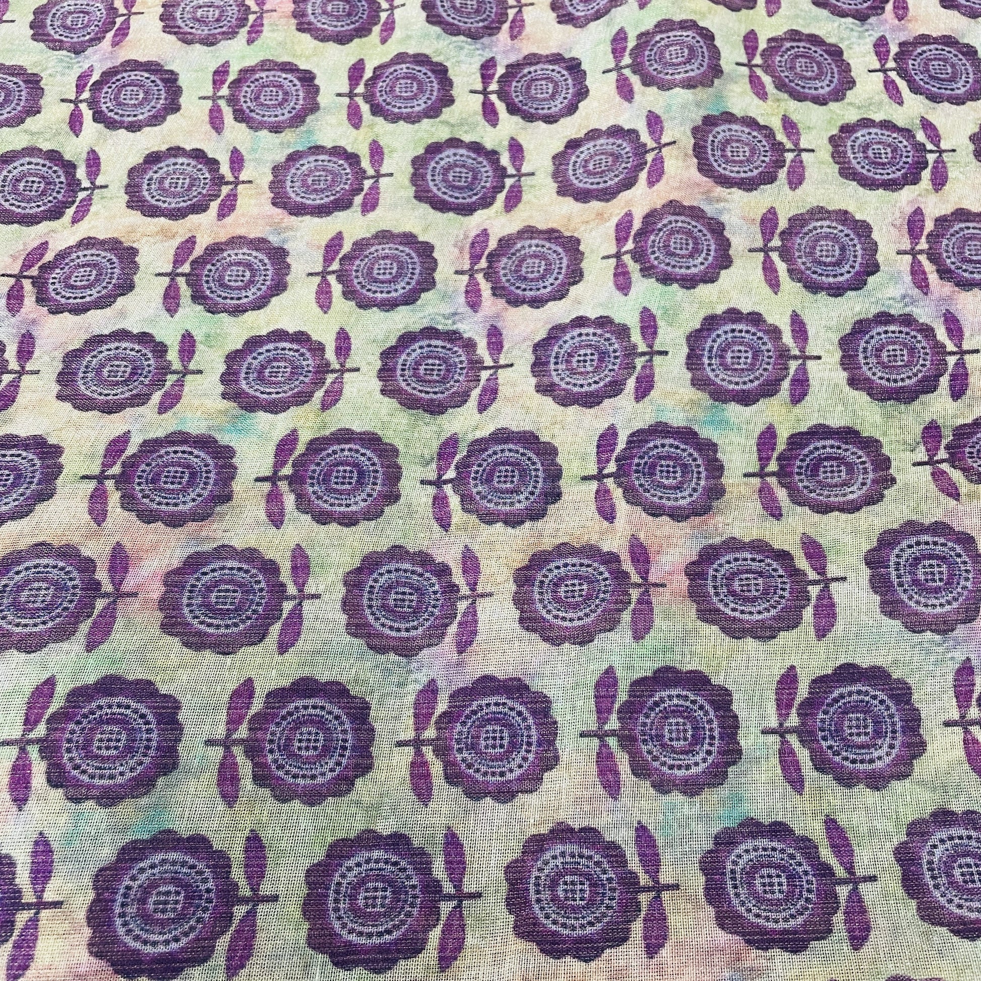 Classic Purple Floral Print Satin Organza Fabric