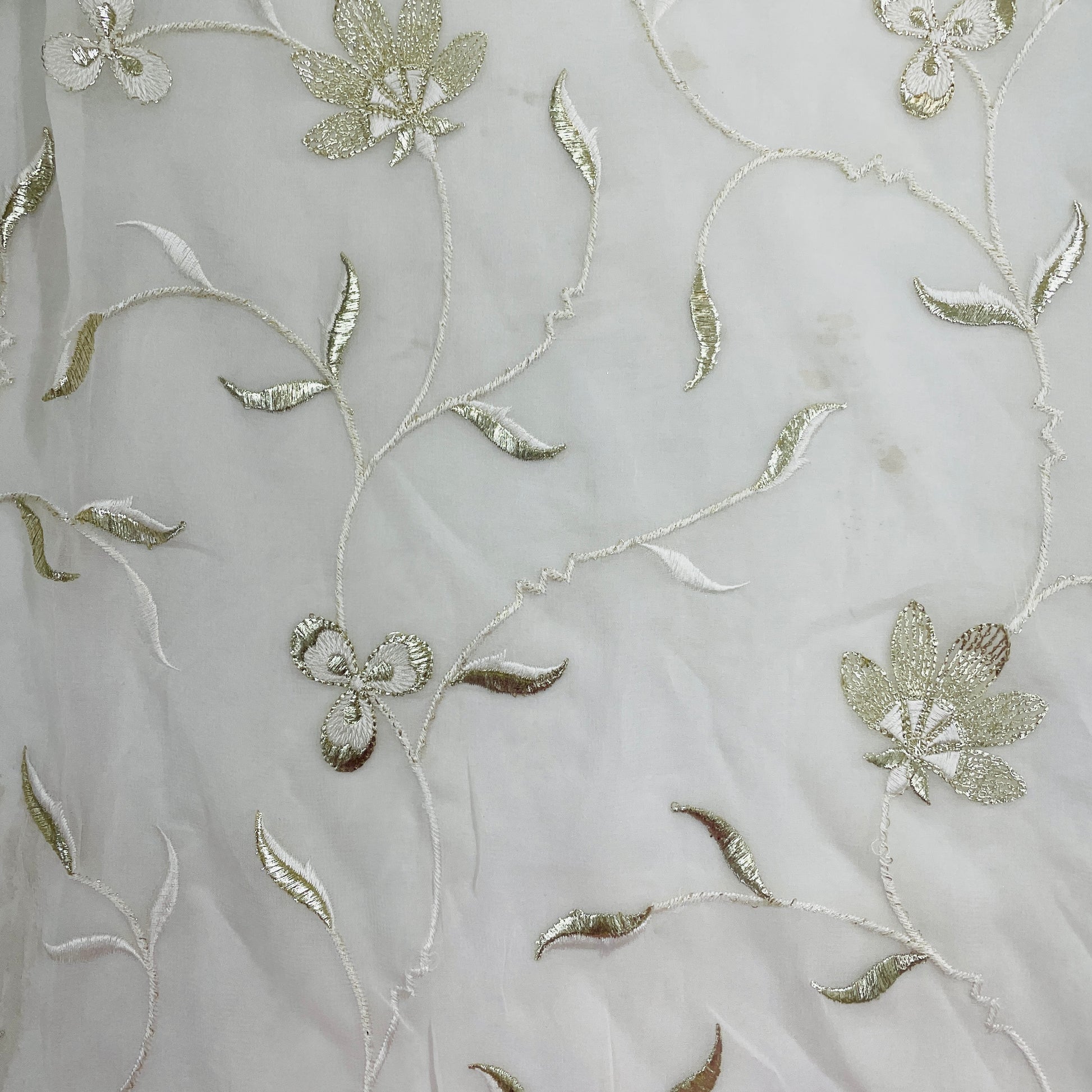 White Floral Zari Thread Embroidery Dyeable Georgette Fabric - TradeUNO