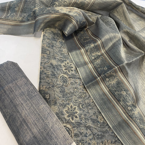 Classic Green Floral Print Zari Satin Organza Suit Set With Dupatta