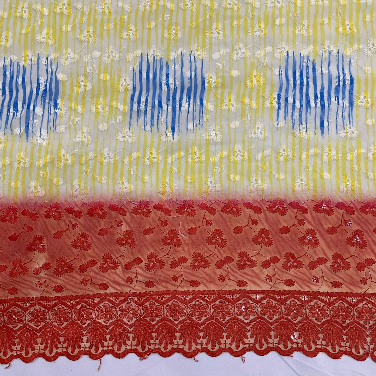 White With Yellow & Orange Stripe Embroidery Georgette Fabric