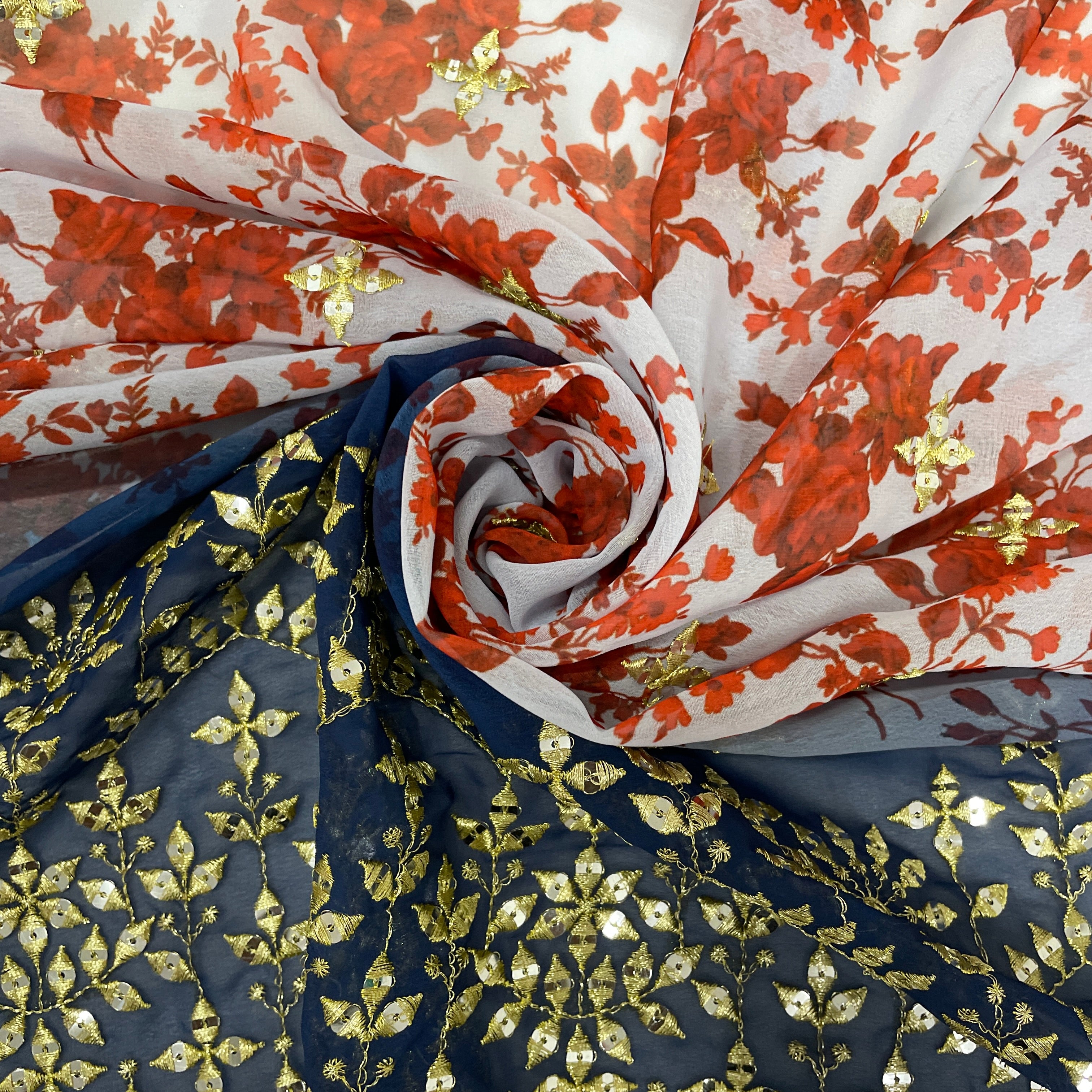 Cream With Brown Ombre Red Floral Embrodiery Georgette Fabric - TradeUNO