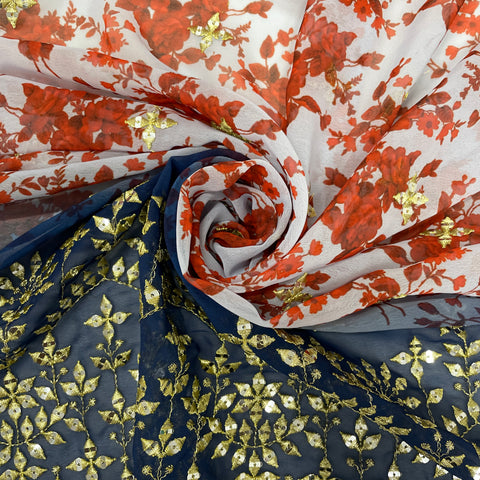 Cream With Brown Ombre Red Floral Embrodiery Georgette Fabric - TradeUNO