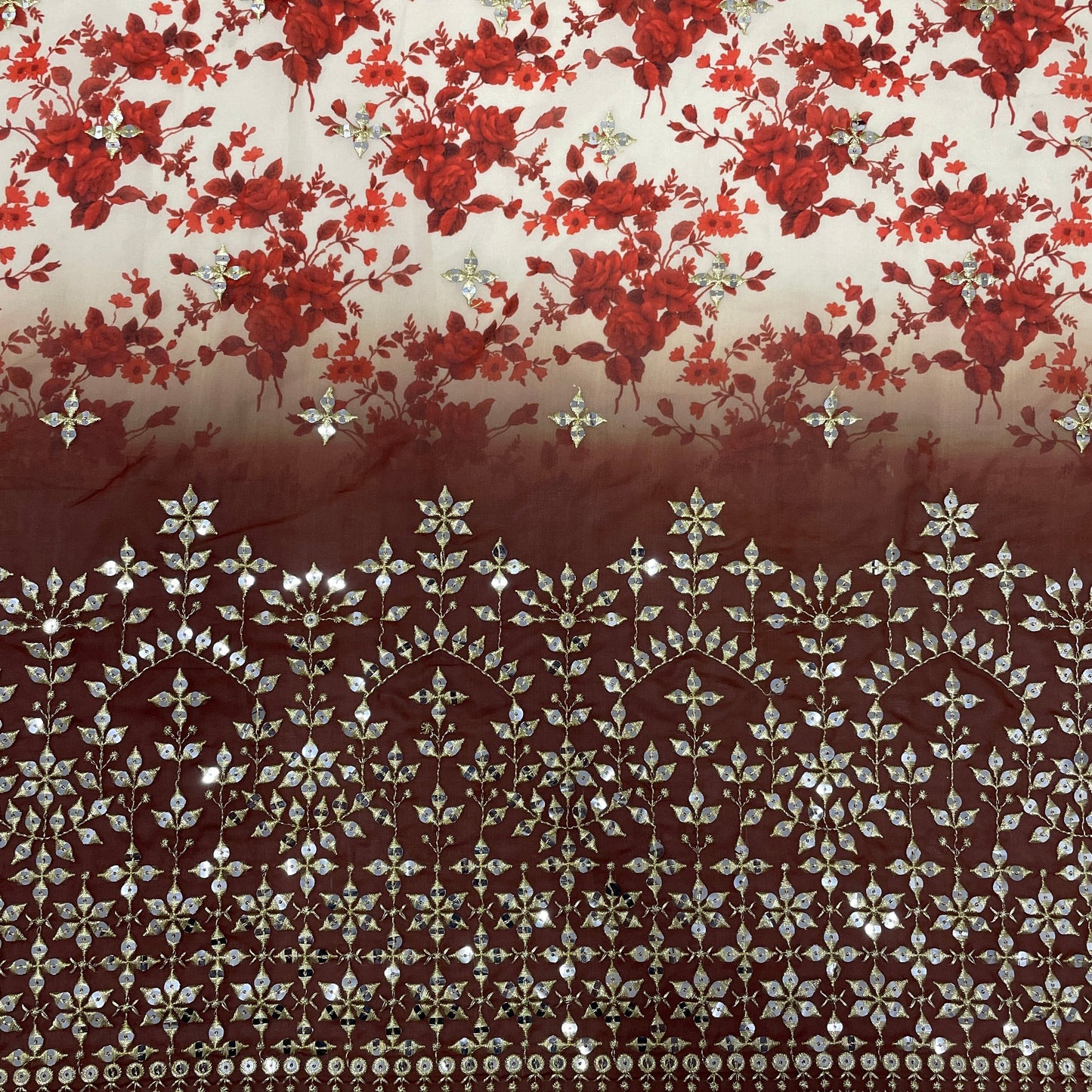 Cream With Brown Ombre Red Floral Embrodiery Georgette Fabric - TradeUNO