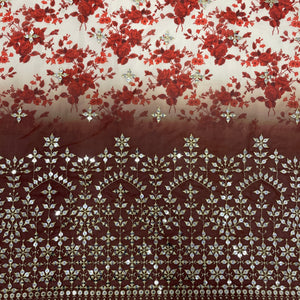 Cream With Brown Ombre Red Floral Embrodiery Georgette Fabric - TradeUNO