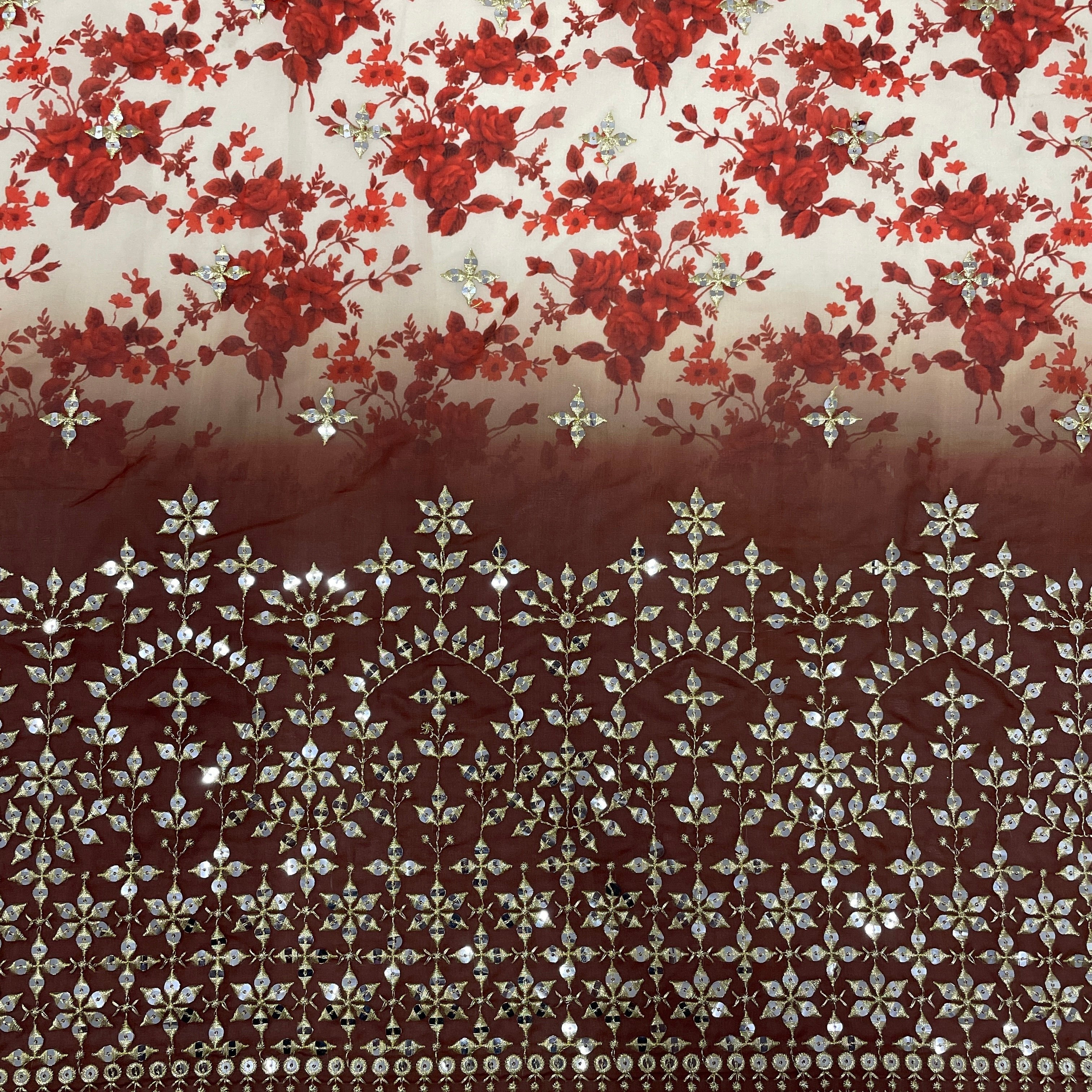 Cream With Brown Ombre Red Floral Embrodiery Georgette Fabric - TradeUNO