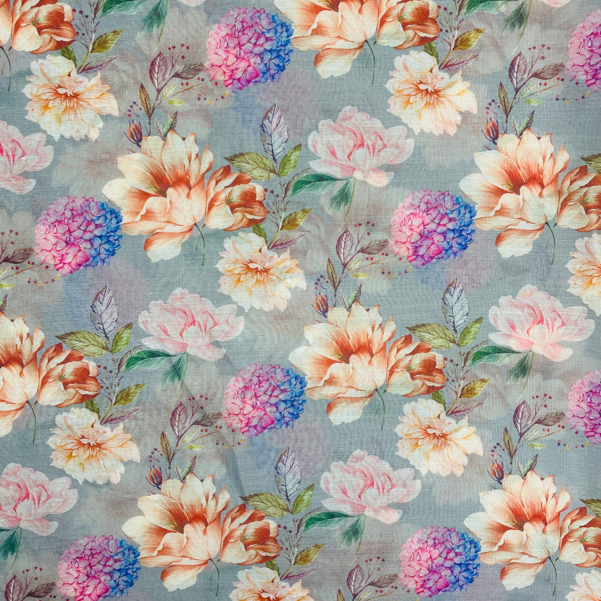 Grey Floral Print Chanderi Fabric - TradeUNO