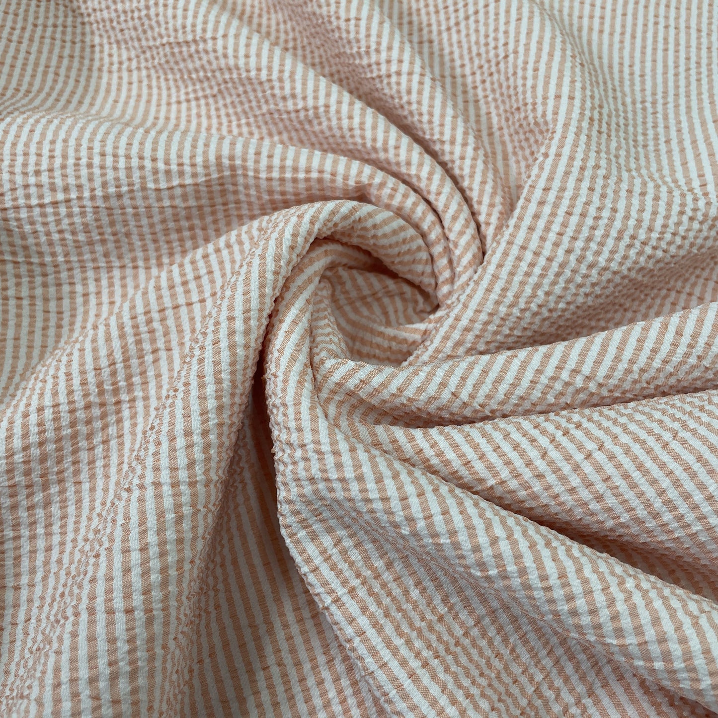 Classic White Salmon Pink Stripe Seer Sucker Blended Cotton Fabric