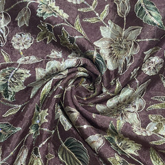 Classic Brown Floral Print Thread Embroidery Viscose Chinnon Fabric