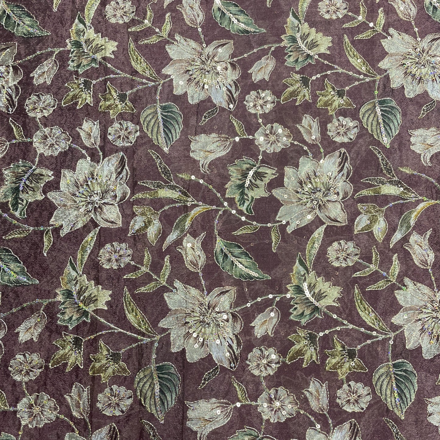 Classic Brown Floral Print Thread Embroidery Viscose Chinnon Fabric