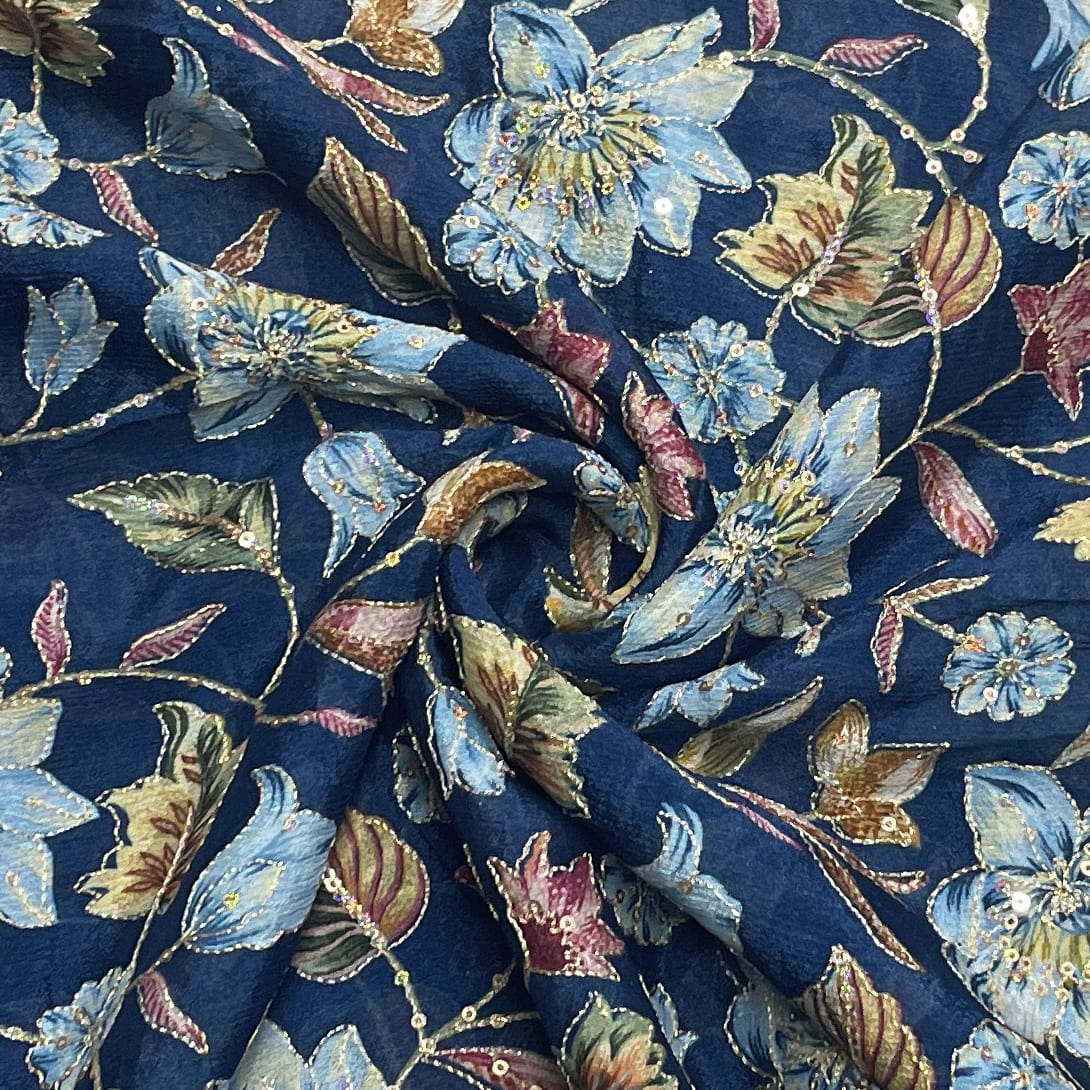 Classic Teal Blue Floral Print Thread Embroidery Viscose Chinnon Fabric