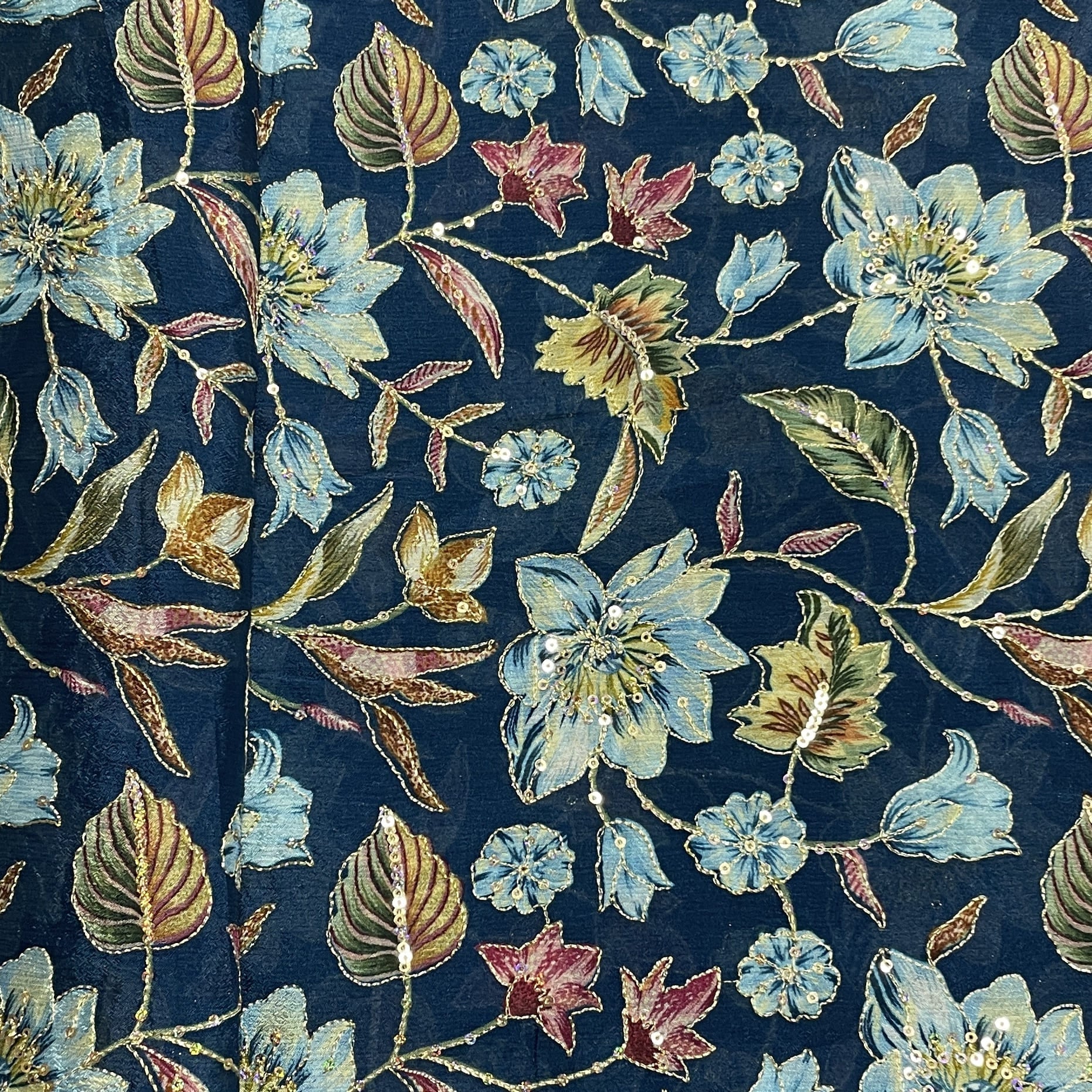 Classic Teal Blue Floral Print Thread Embroidery Viscose Chinnon Fabric