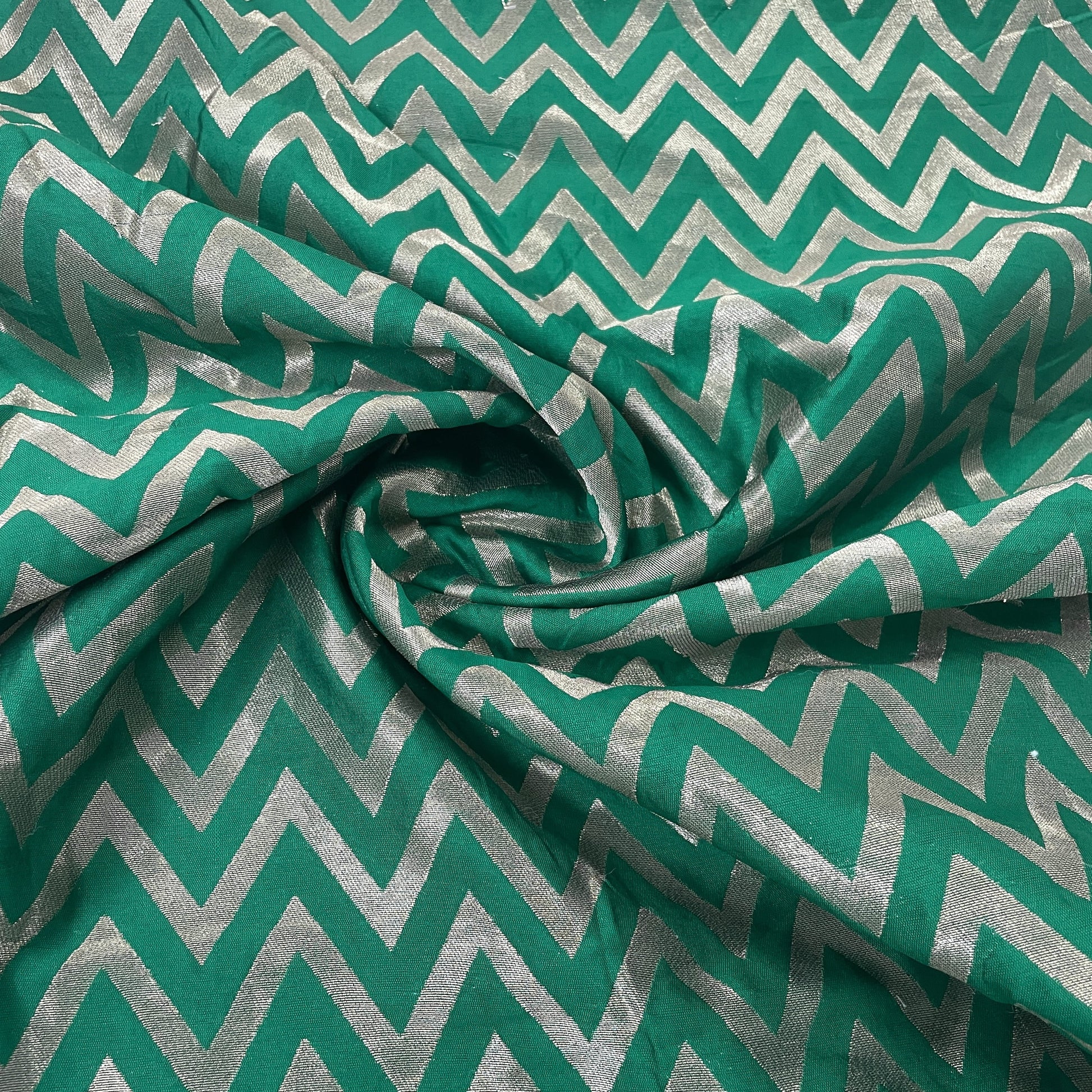 Classic Dark Green Golden Chevron Brocade Jacquard Fabric