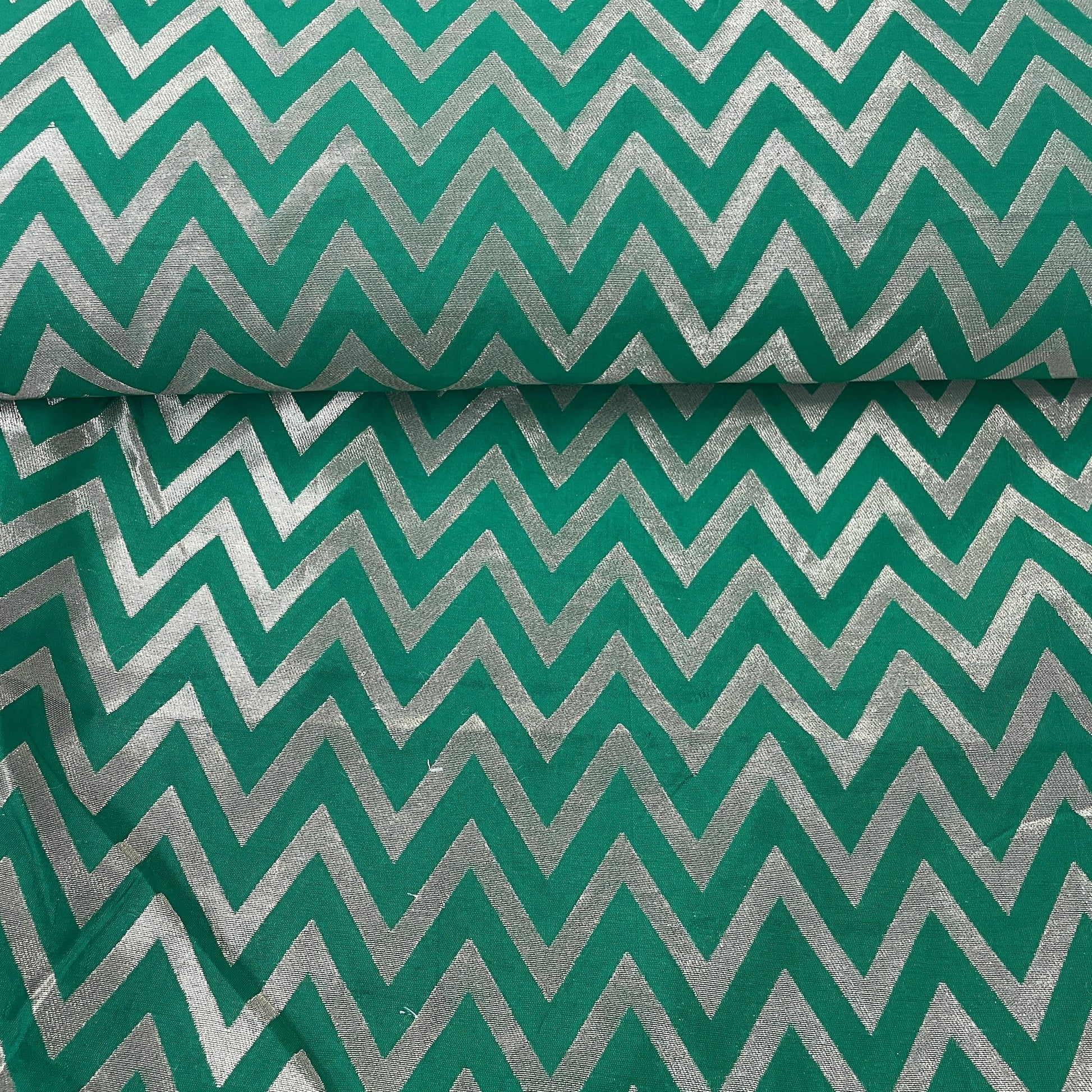 Classic Dark Green Golden Chevron Brocade Jacquard Fabric