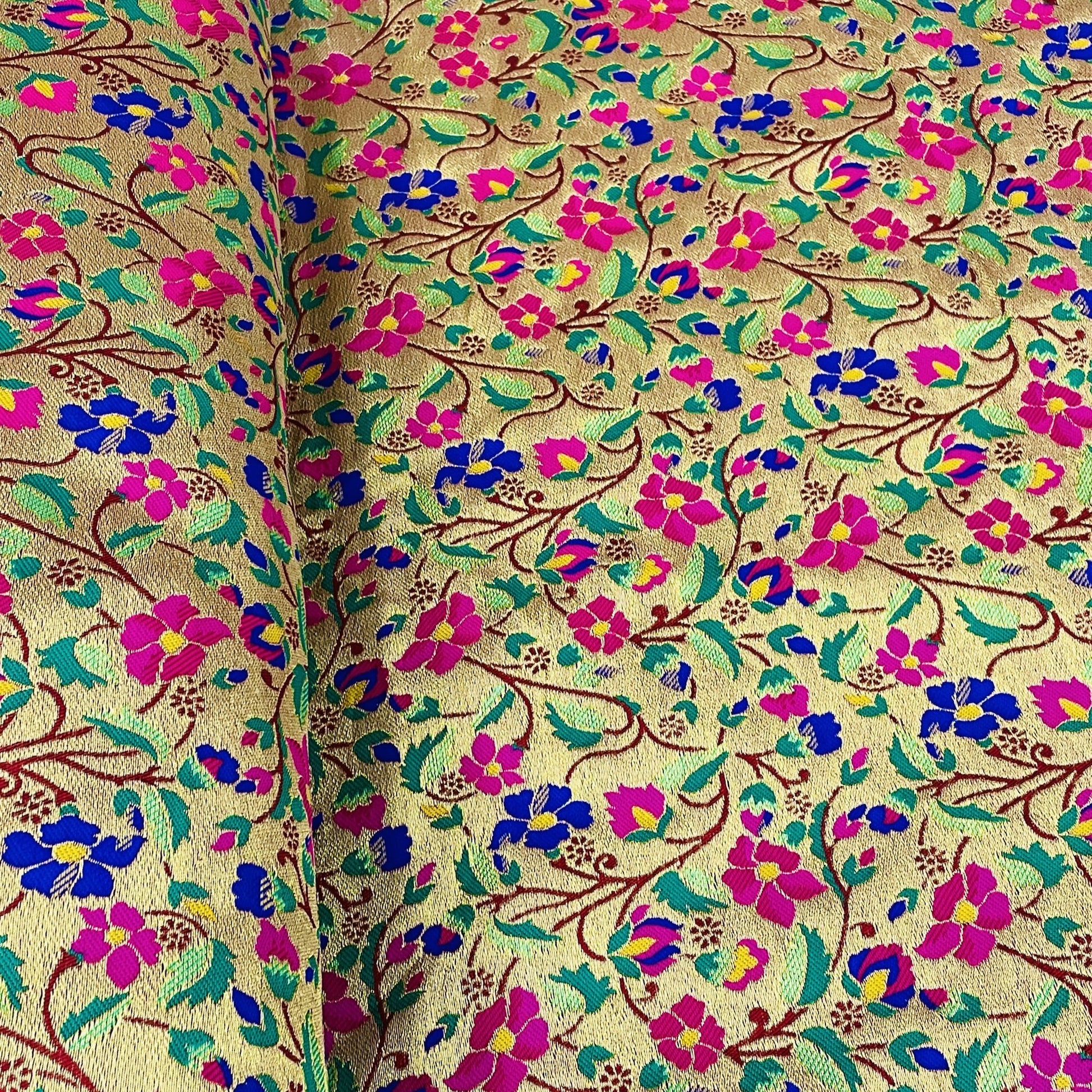 Classic Golden Blue Floral Brocade Jacquard Fabric