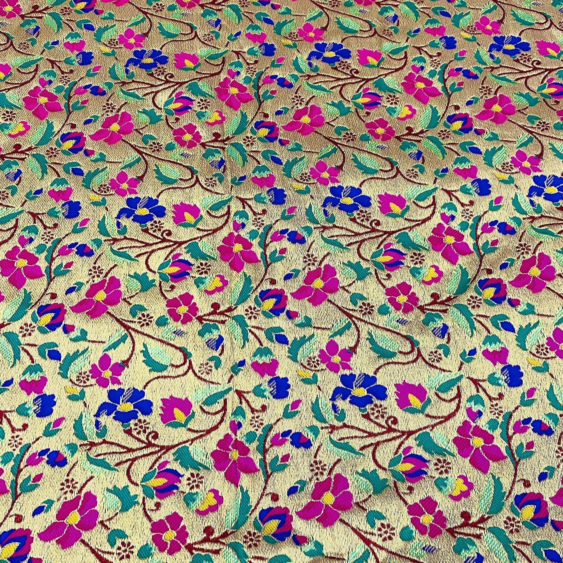 Classic Golden Blue Floral Brocade Jacquard Fabric