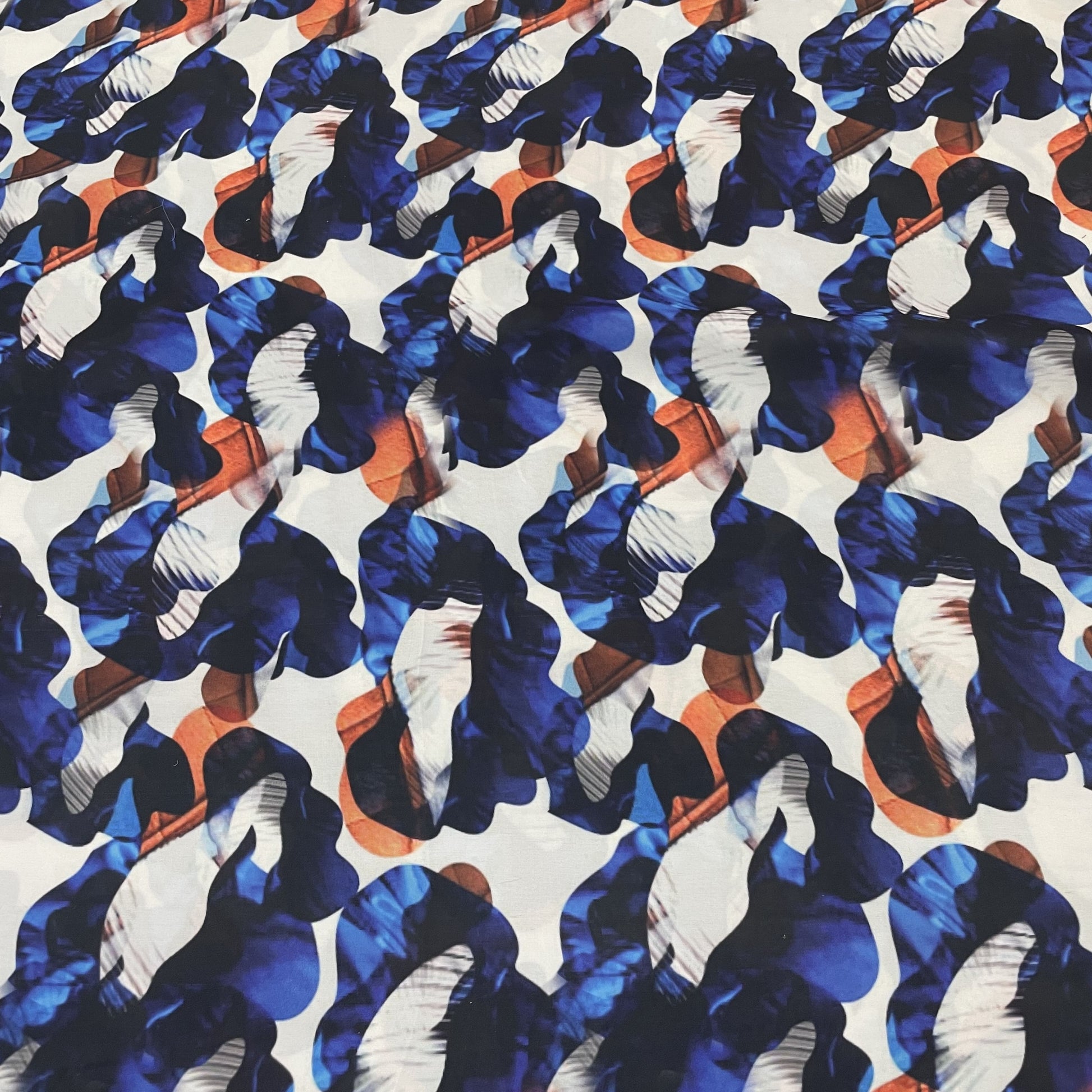 Classic White Blue Abstract Print Armani Satin Fabric