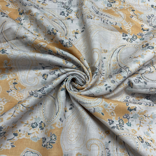 White & Yellow Paisley Print Mulmul Fabric