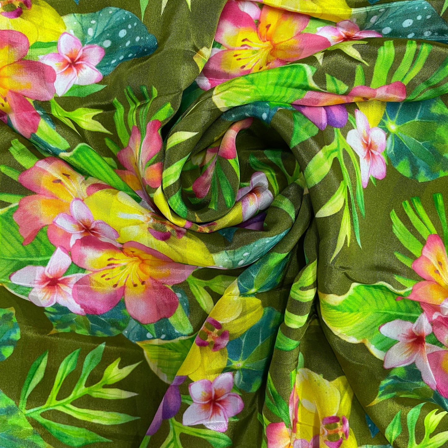 Olive Green Floral Crepe Fabric - TradeUNO