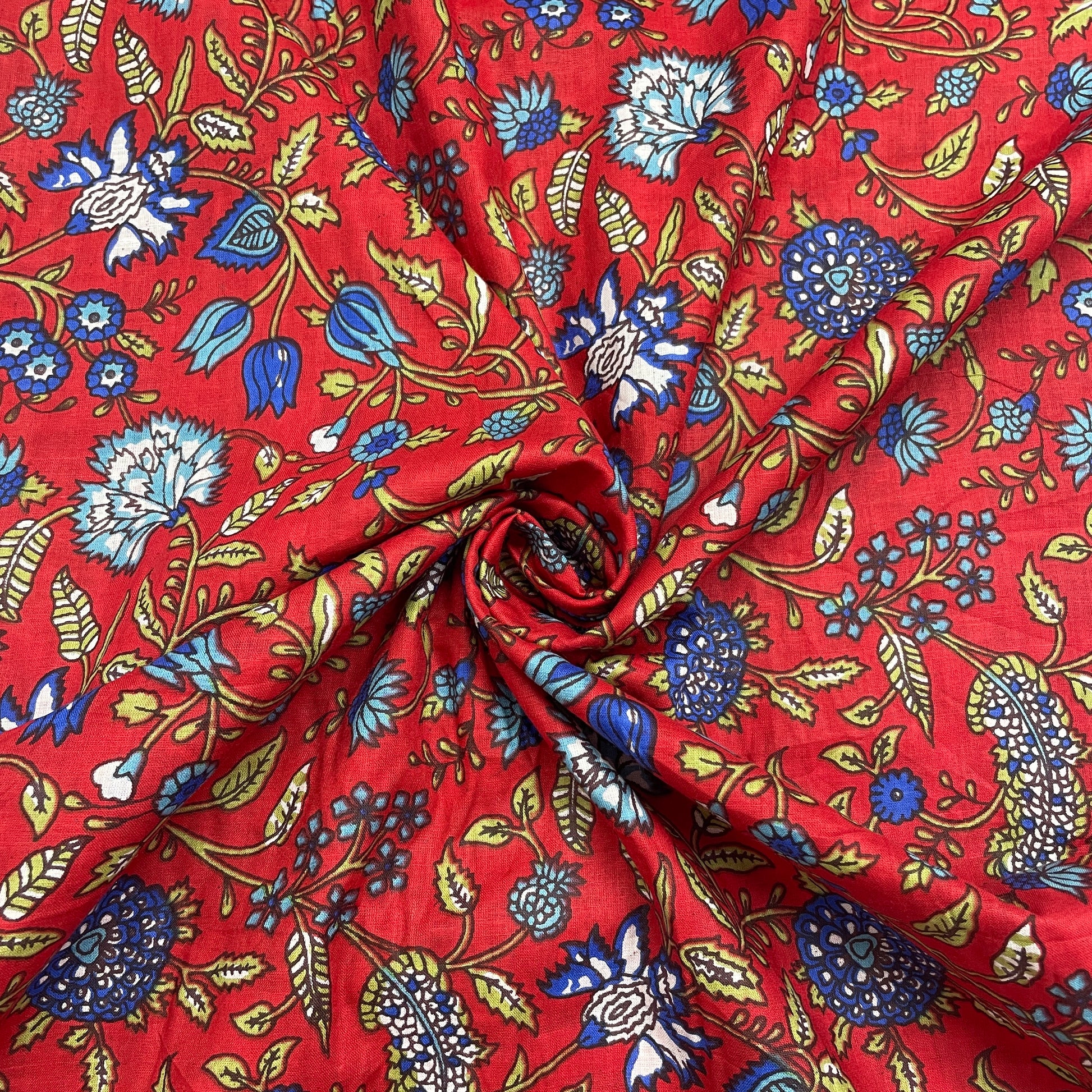Red & Blue Floral Print Cotton Fabric - TradeUNO