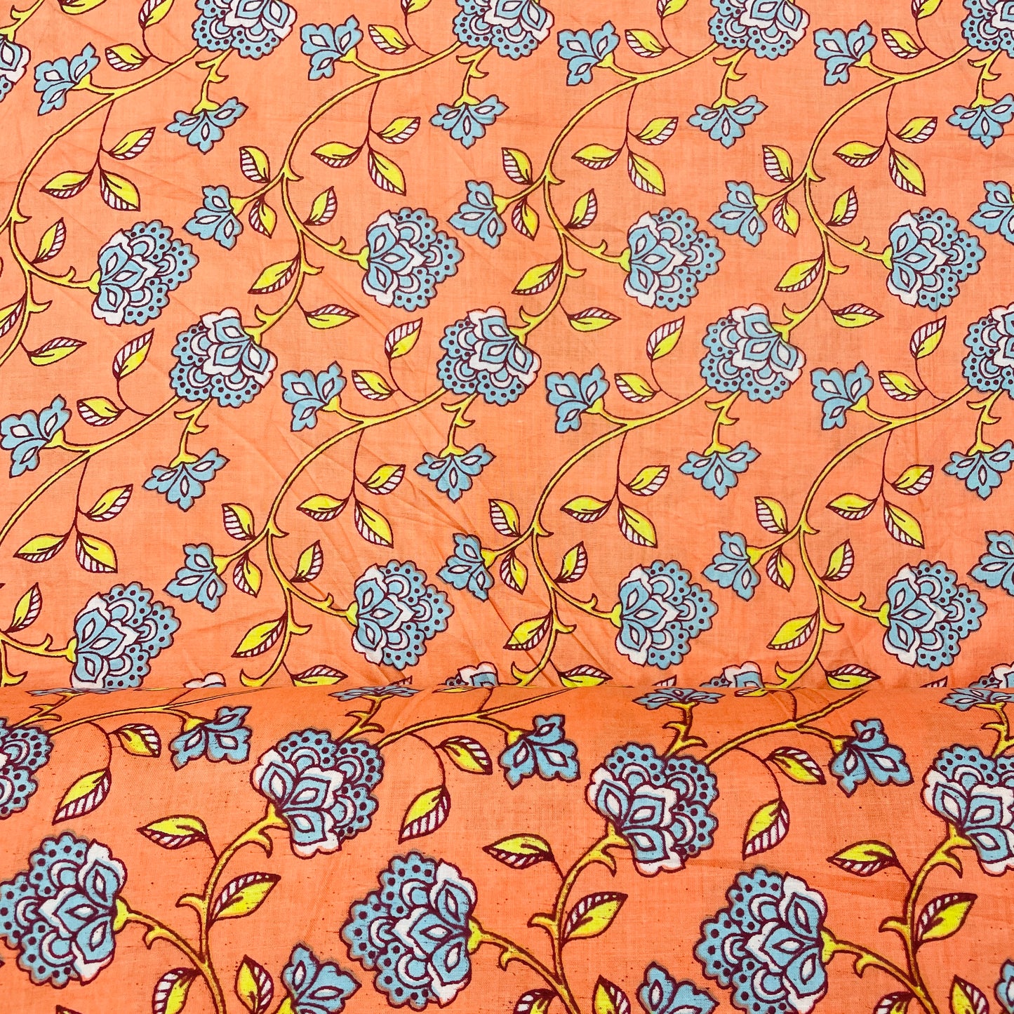 Salmon Pink & Blue Floral Print Cotton Fabric - TradeUNO